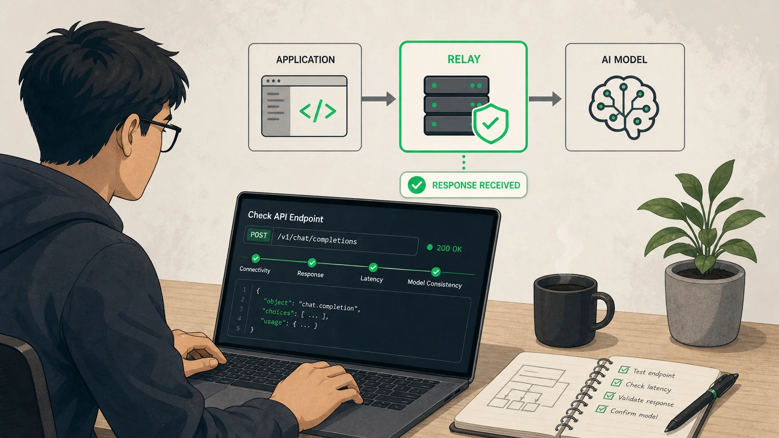 Developer checking a request path between an application, an API relay, and an AI model