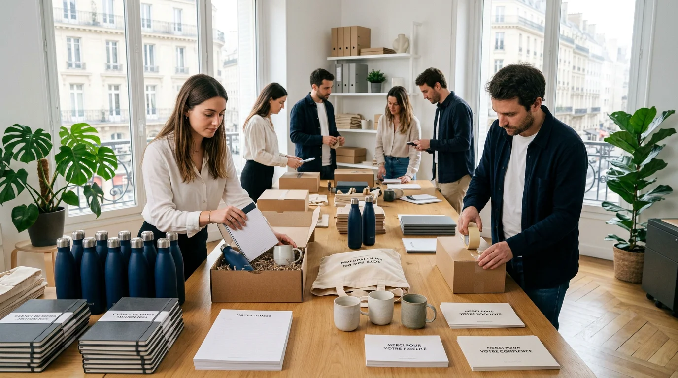 Équipe marketing préparant des cadeaux d'affaires personnalisés dans un bureau