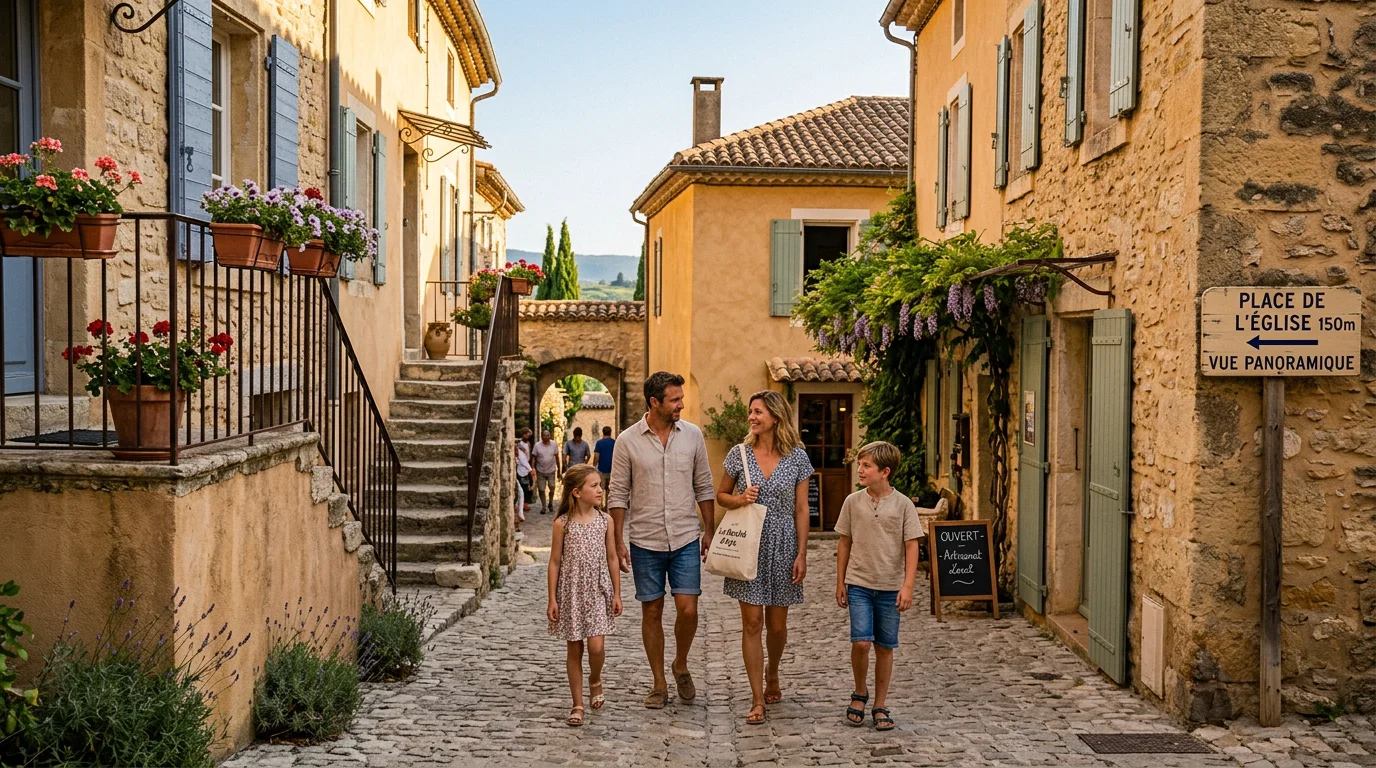 Famille se promenant dans un village perché du Luberon en été