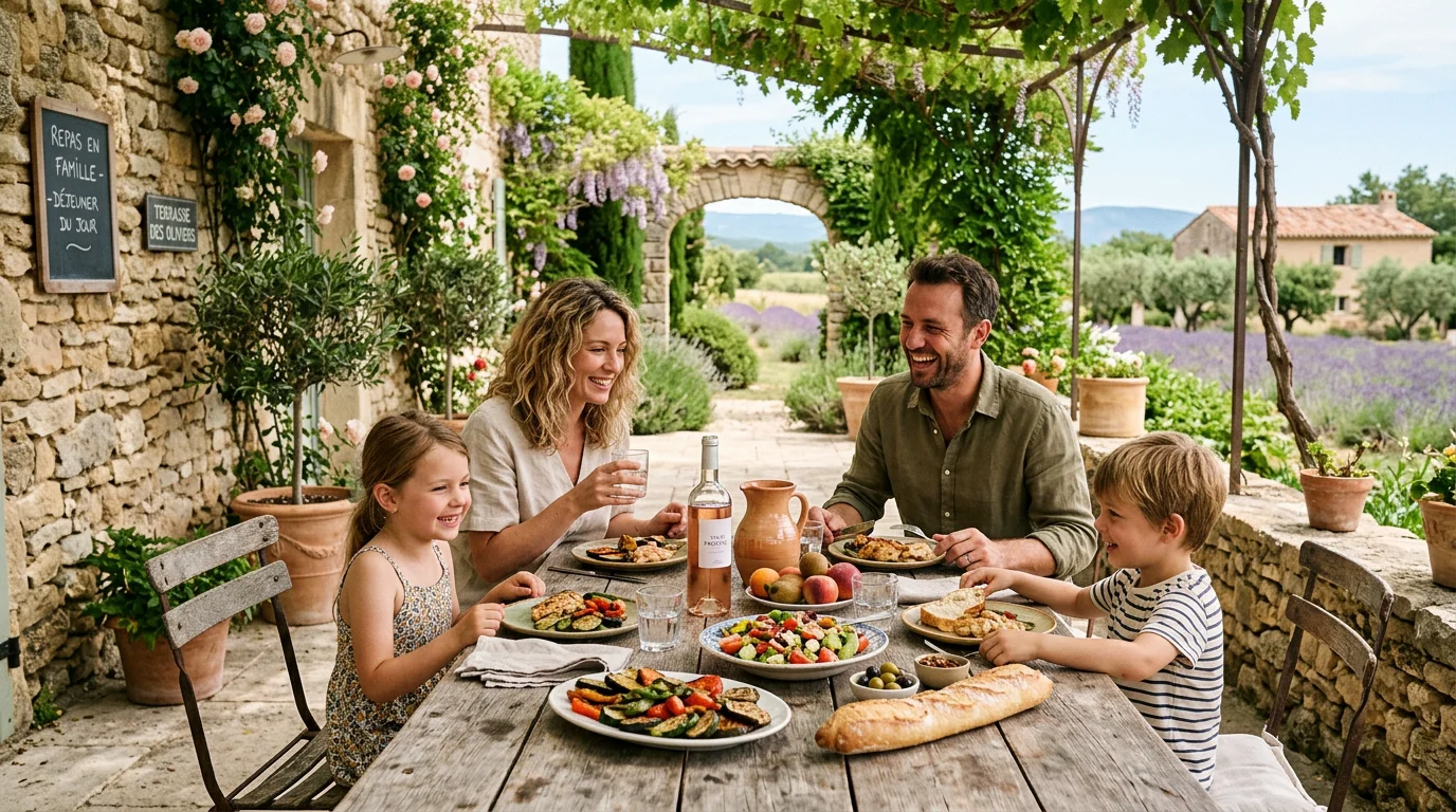 Famille déjeunant sur une terrasse ombragée en Provence