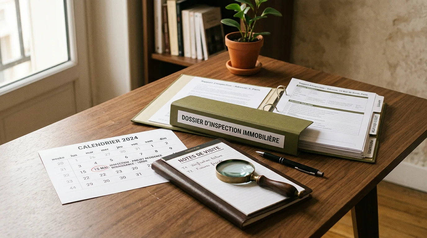 Dossier de diagnostics immobiliers posé sur un bureau avec un calendrier