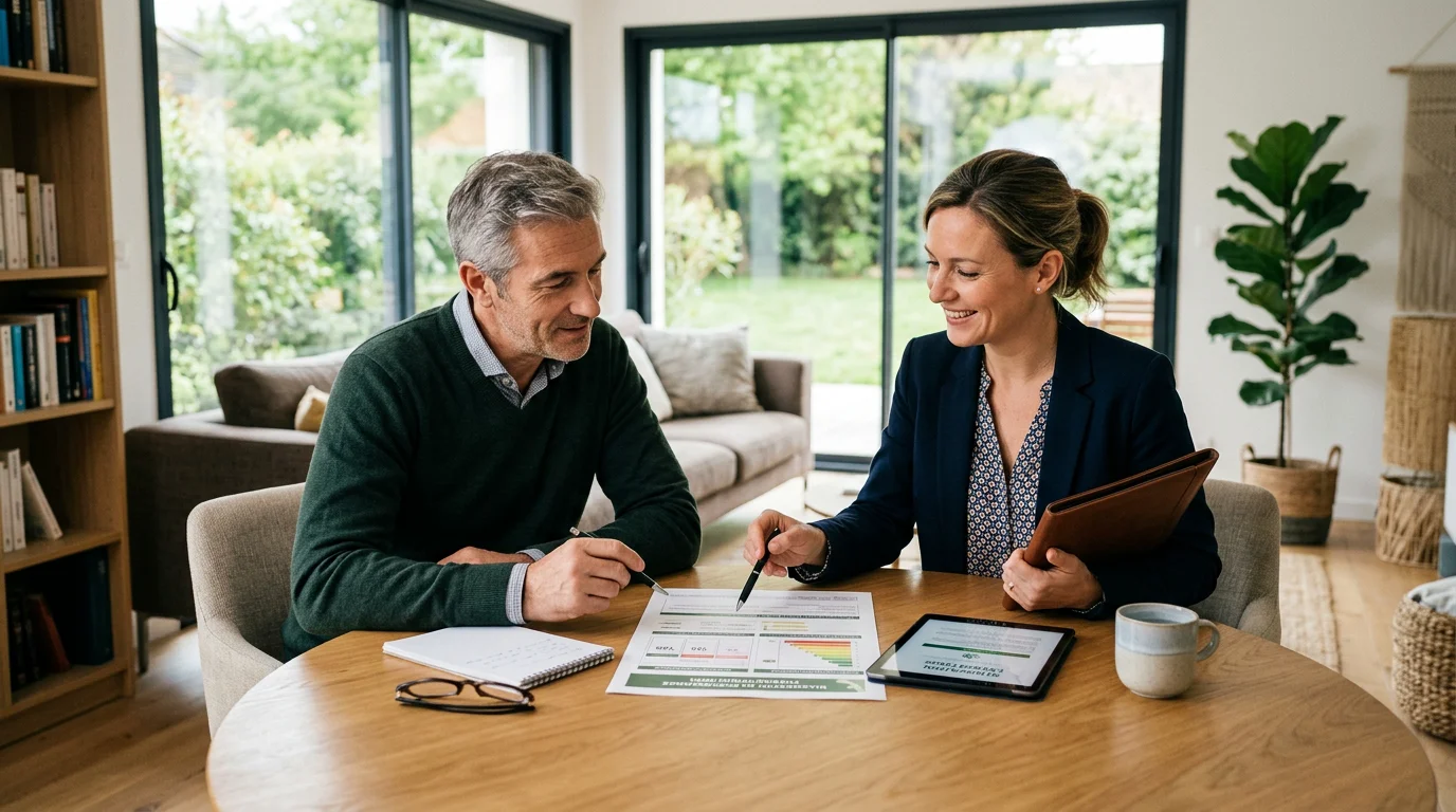 Conseiller et propriétaire examinant des diagnostics immobiliers dans un salon