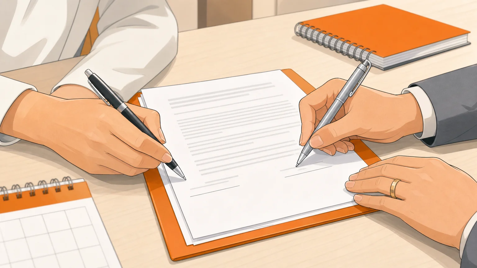 Mains non identifiables signant un document d’organisation scolaire entre parents séparés.