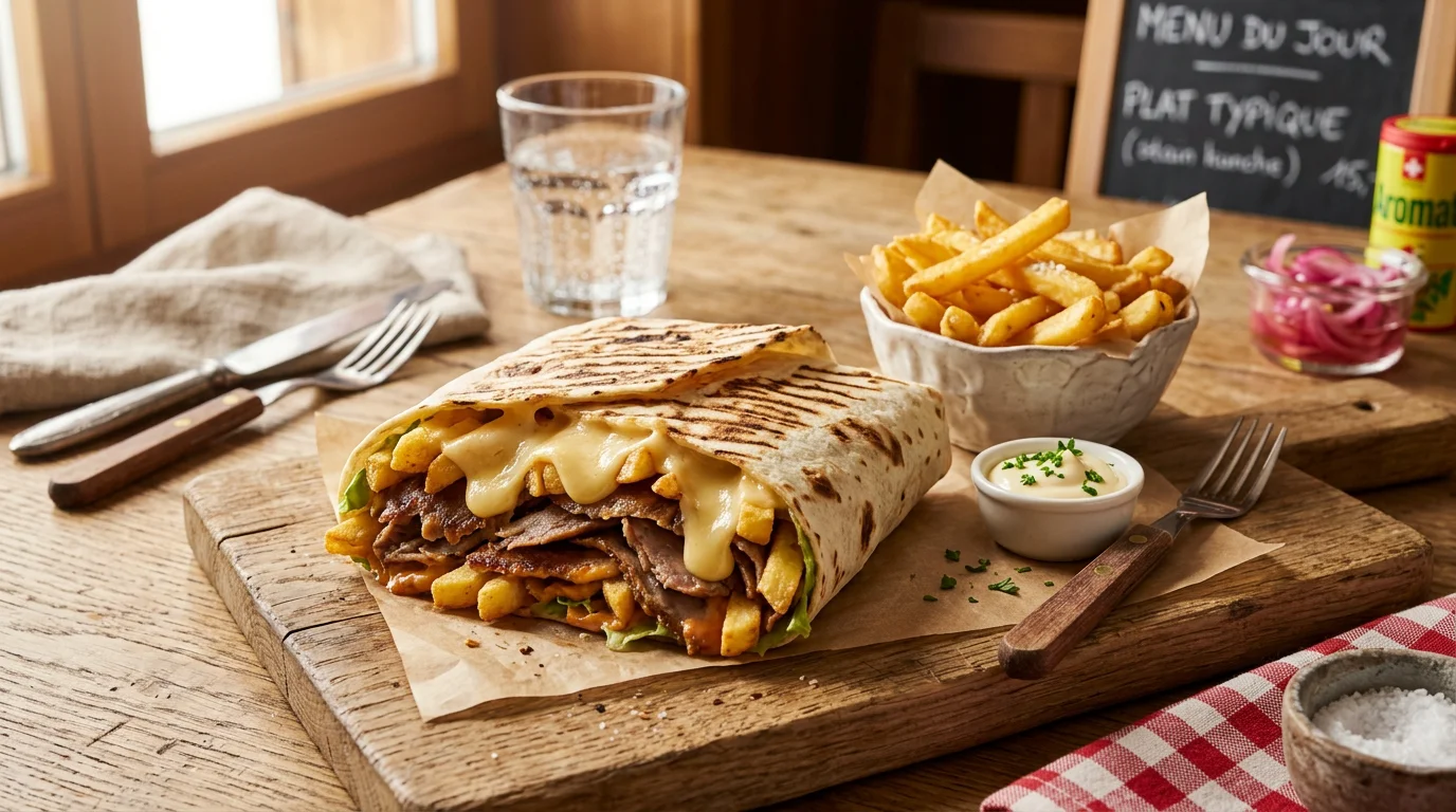 Un tacos à la française garni de viande de kebab, frites et sauce fromagère