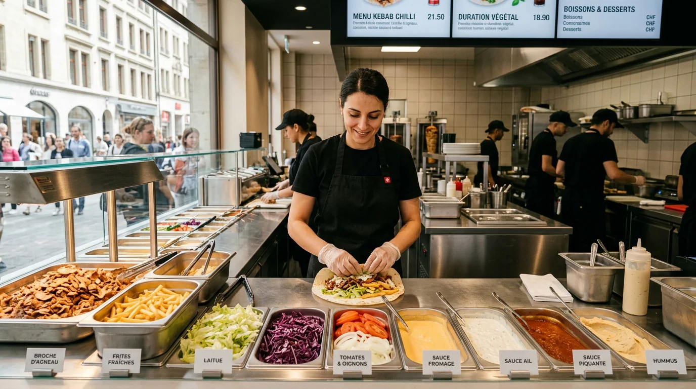 Comptoir d'assemblage d'un tacos avec viande, frites et sauces au choix