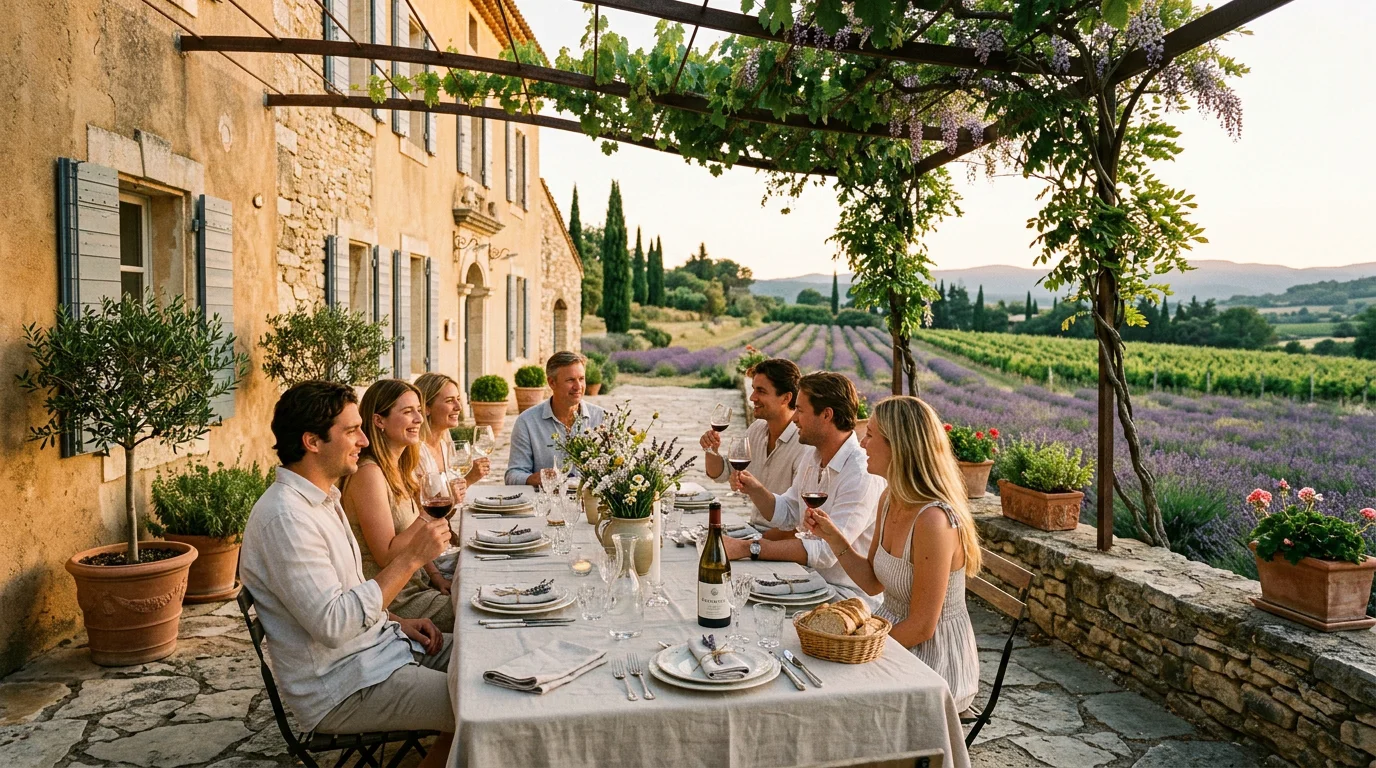 Terrasse d'un mas de luxe provençal surplombant les vignes du Luberon au coucher du soleil