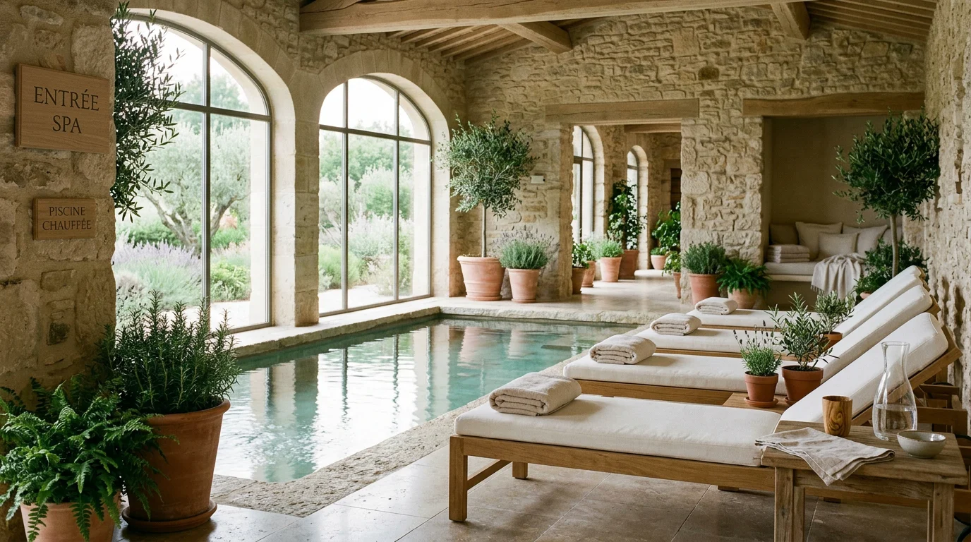 Spa provençal avec bassin de nage intérieur et murs en pierre dans le Luberon