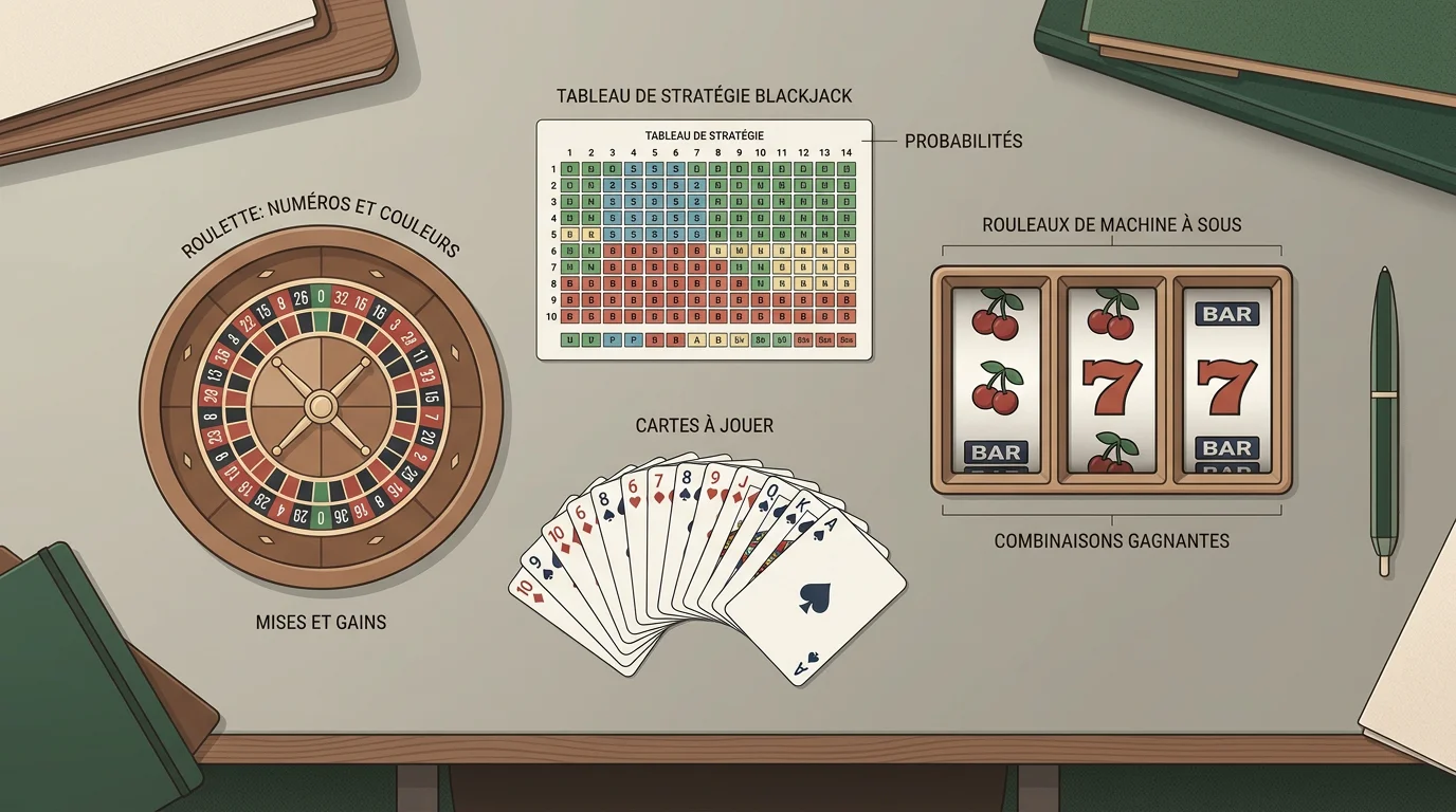 Éléments de jeux de casino gratuits disposés à plat avec cartes et tableau de stratégie