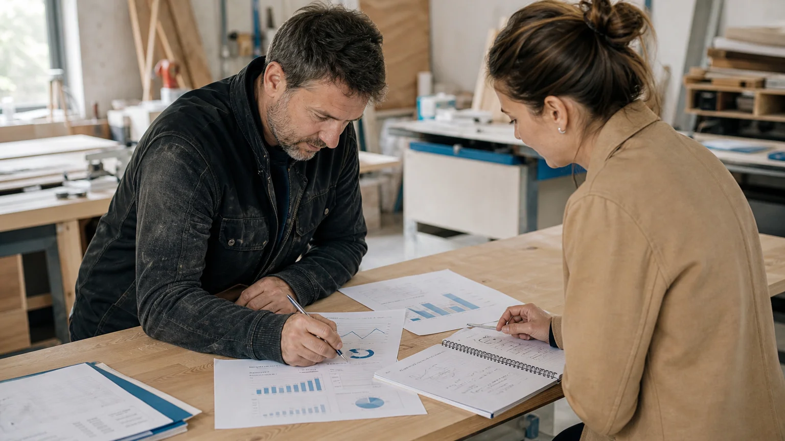 Un dirigeant et une conseillère étudient les coûts d’une activité artisanale
