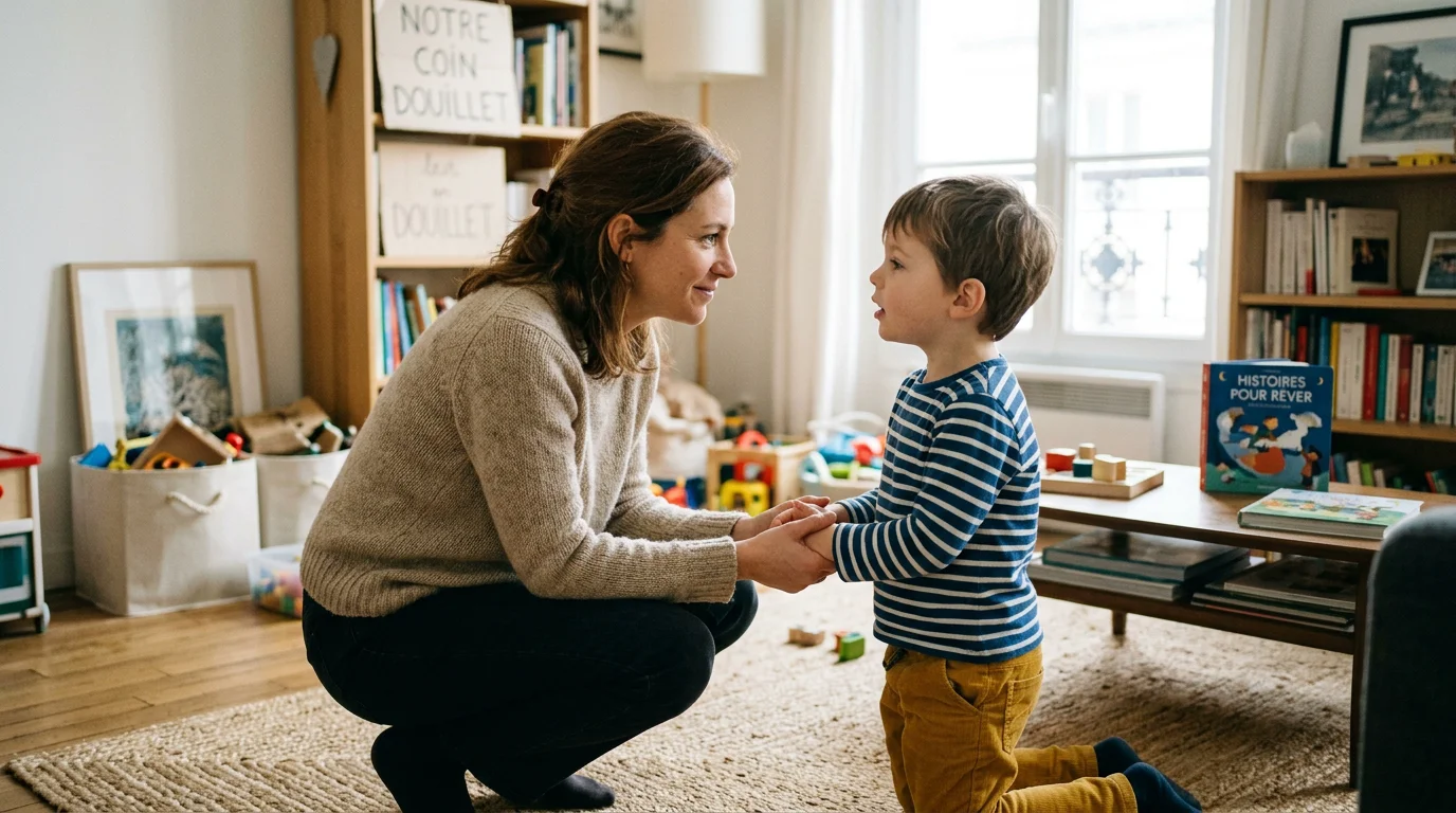 Un parent à l'écoute des émotions de son jeune enfant dans un salon lumineux