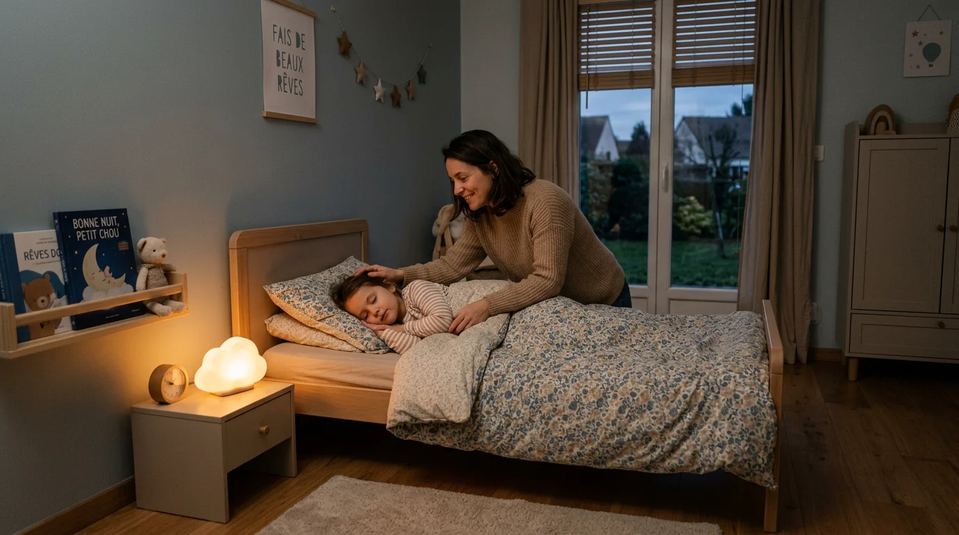 Un parent couche paisiblement son enfant dans une chambre tamisée le soir