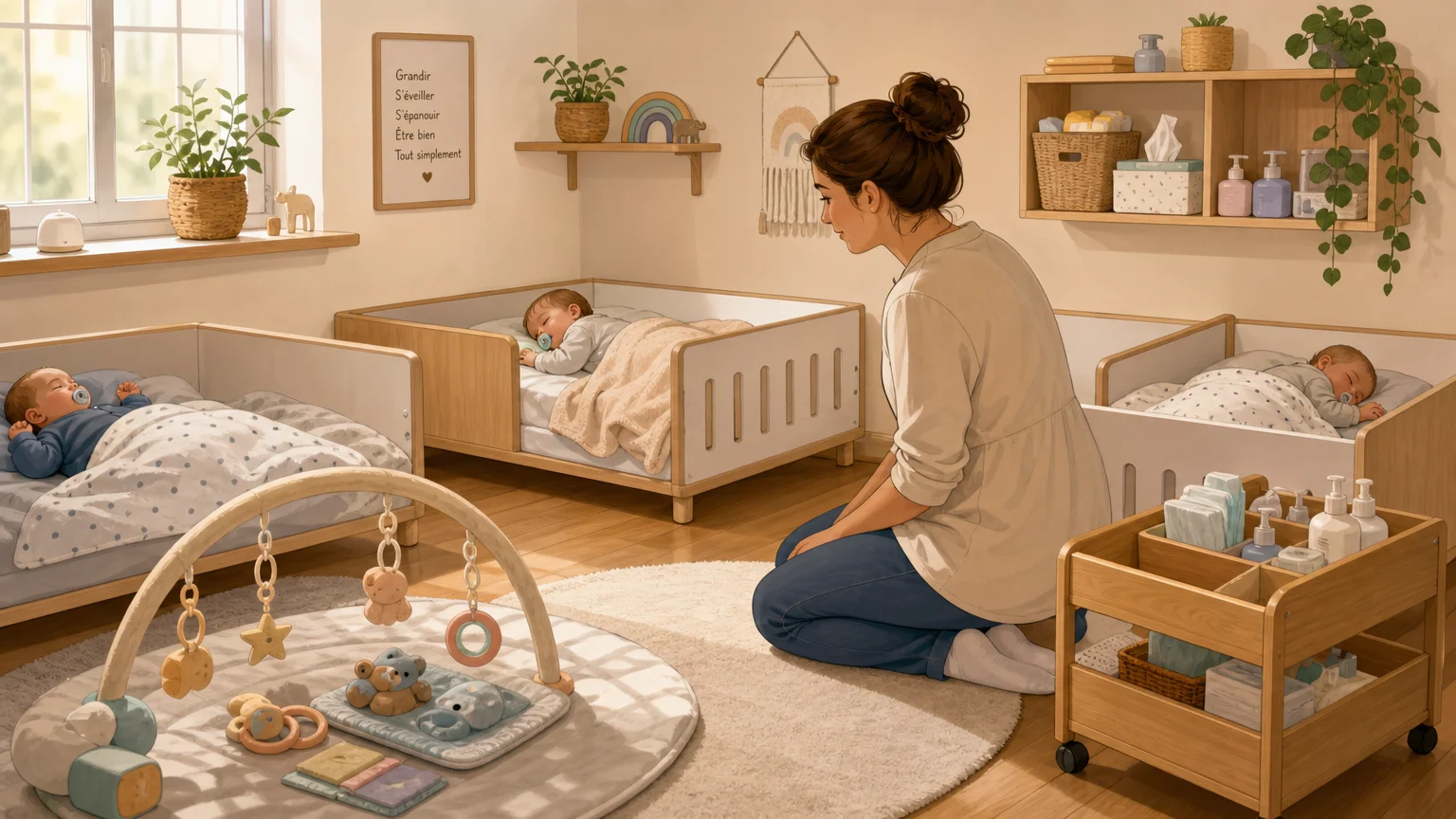 Professionnelle surveillant 3 bébés dans un espace de garde à domicile sécurisé
