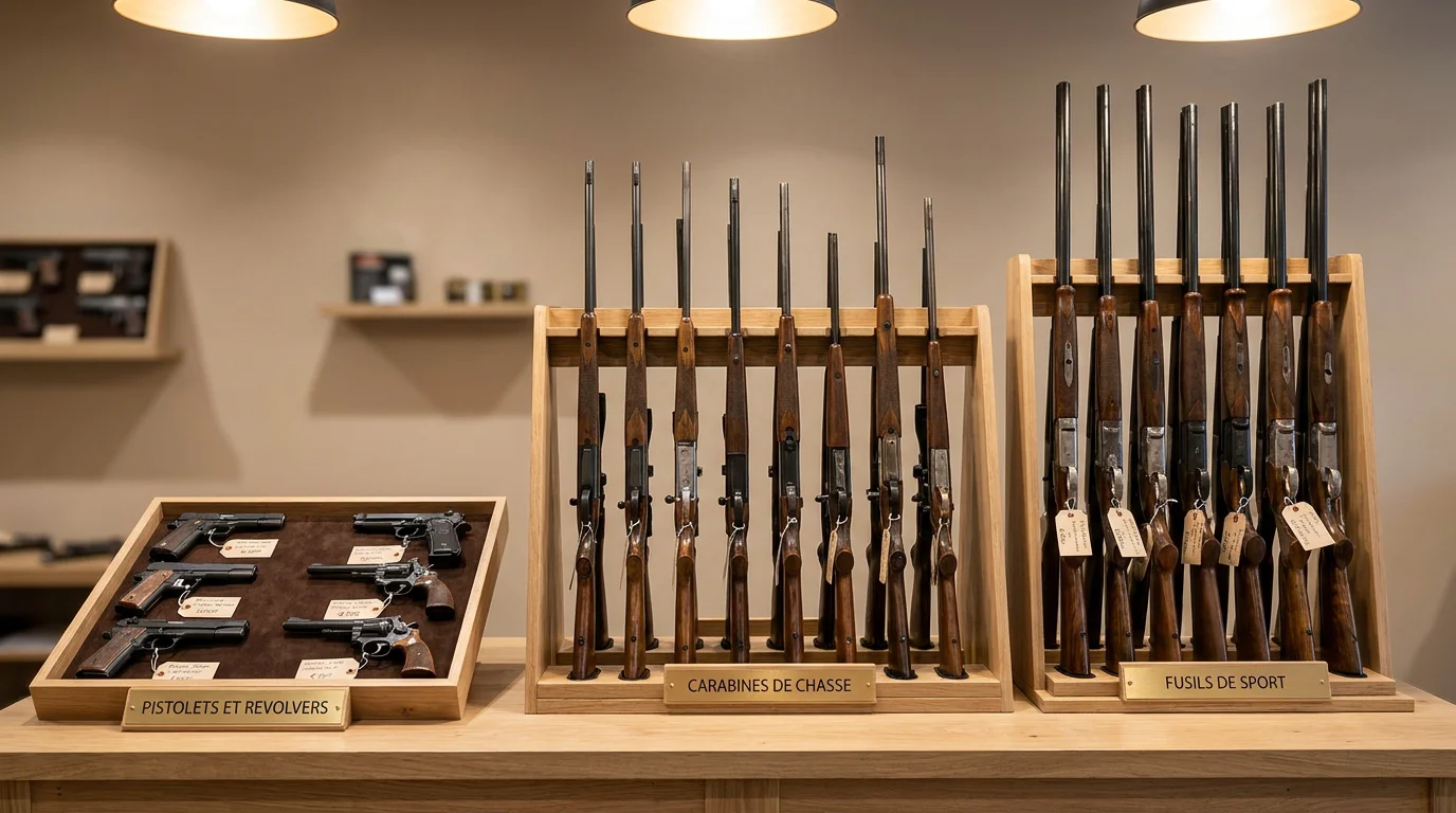 Différentes catégories d'armes à feu exposées dans une armurerie française moderne