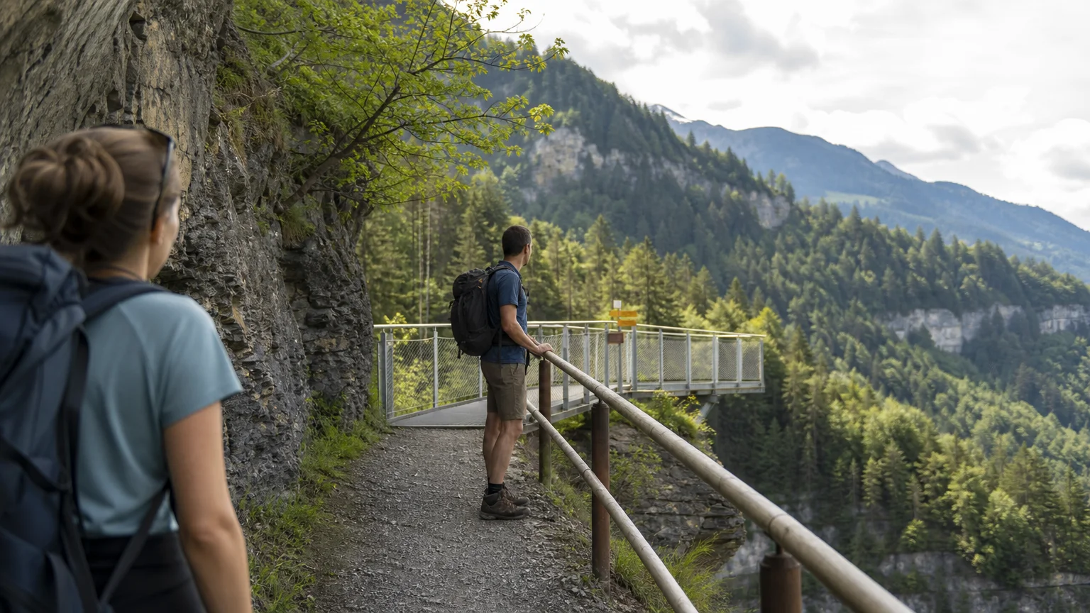 Adulte européen accompagné sur un sentier de montagne face à une passerelle