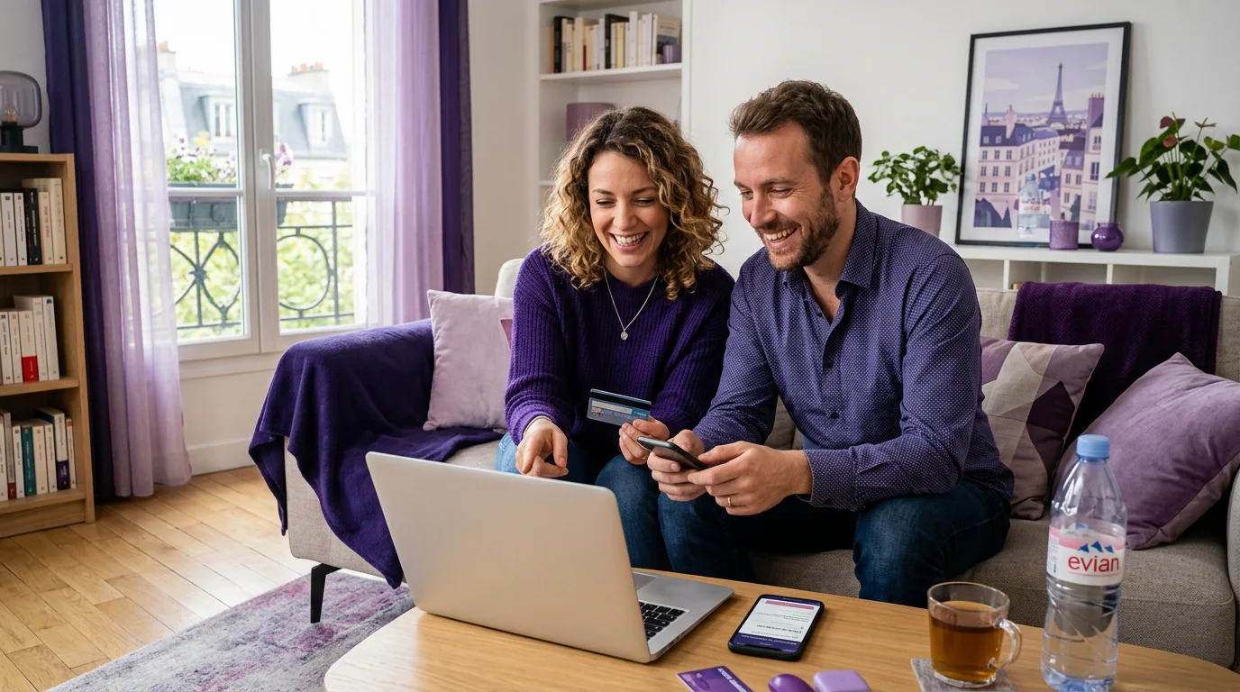 Couple européen réservant un séjour de dernière minute sur ordinateur portable
