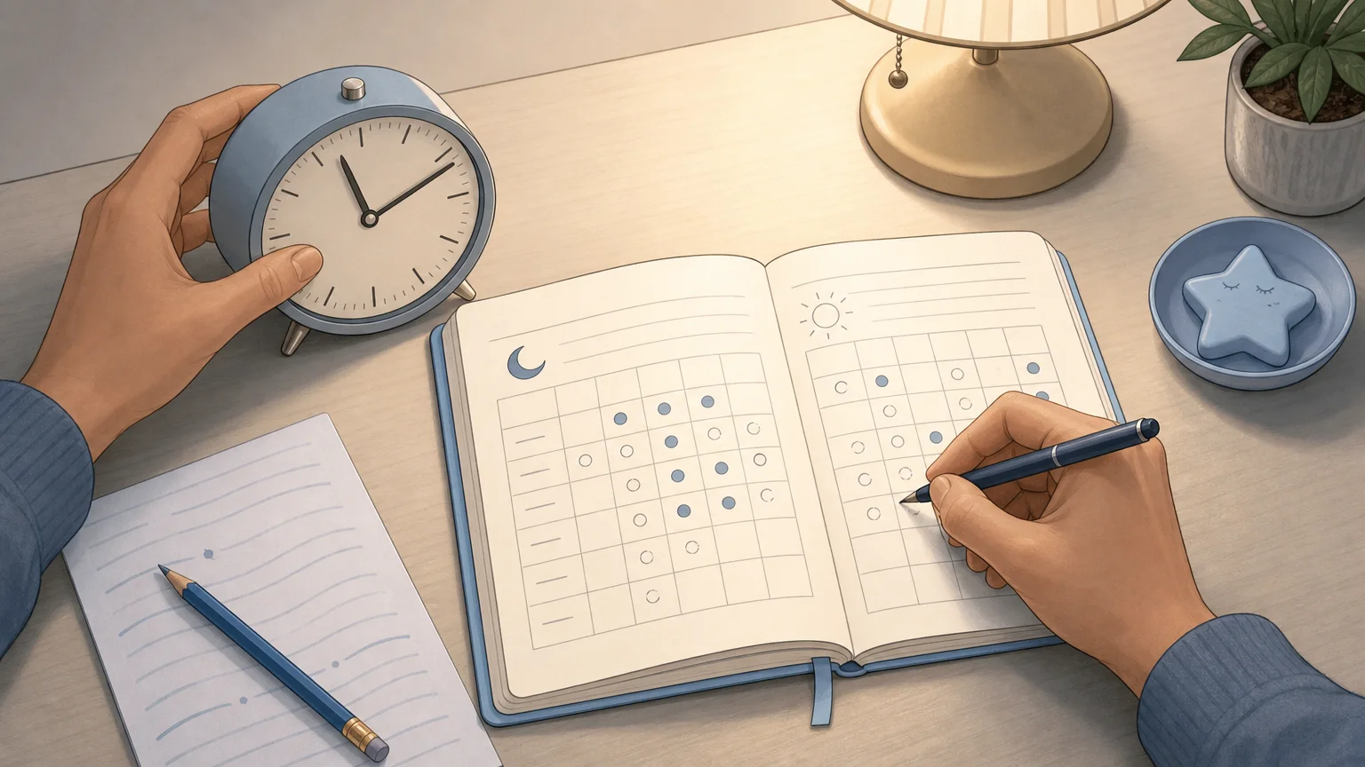 Mains notant les horaires de sommeil dans un carnet à côté d’une horloge analogique.
