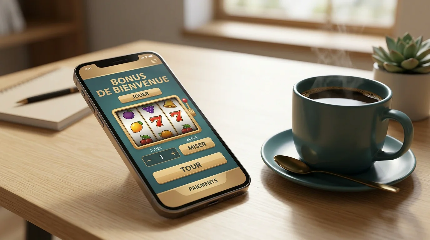 Écran de smartphone affichant une machine à sous en ligne avec tours gratuits