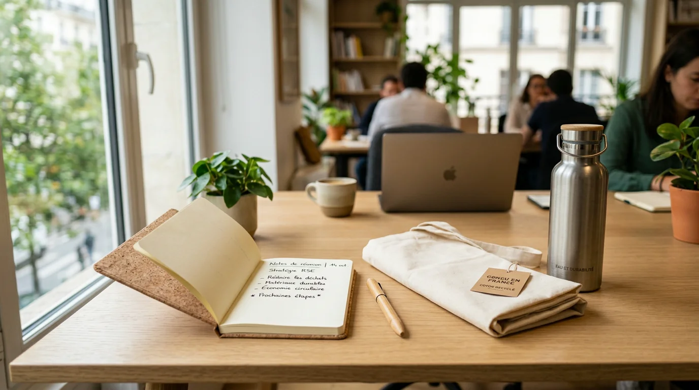 Objets publicitaires éco-responsables personnalisés posés sur un bureau