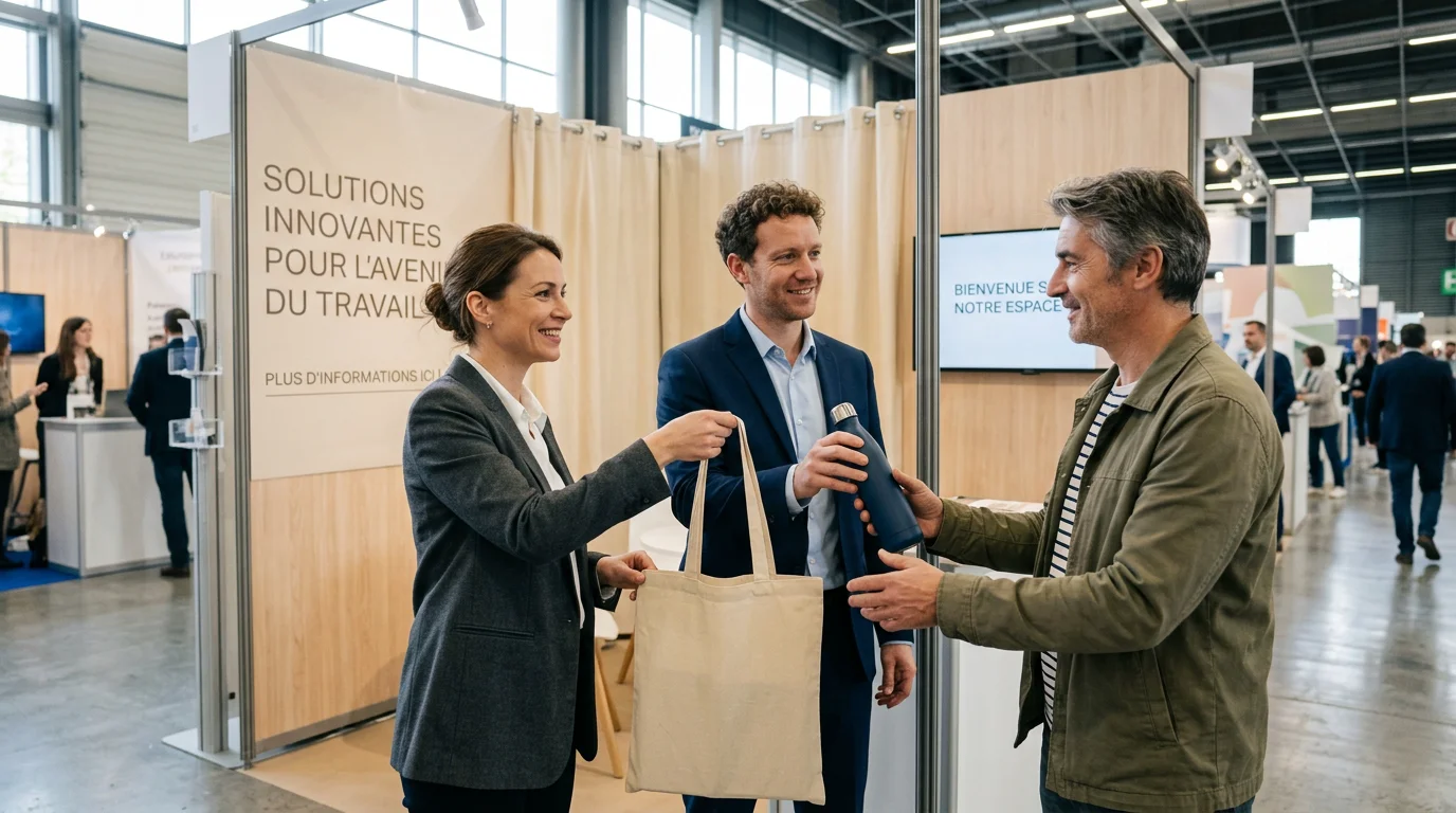 Distribution de goodies personnalisés sur un salon professionnel en France