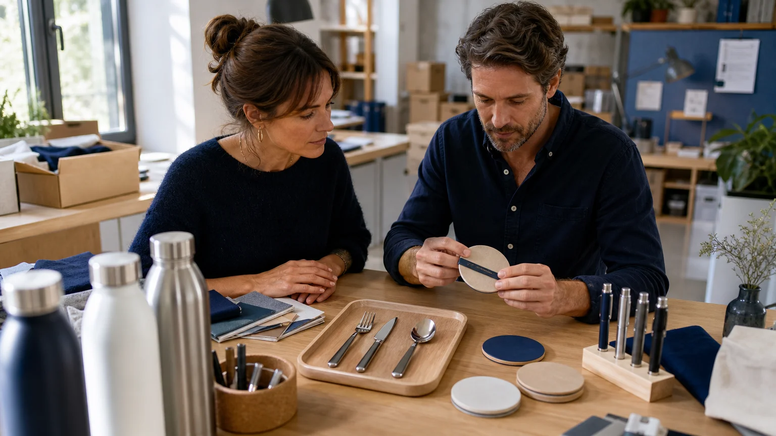 Professionnels vérifiant le marquage d’objets de table personnalisables
