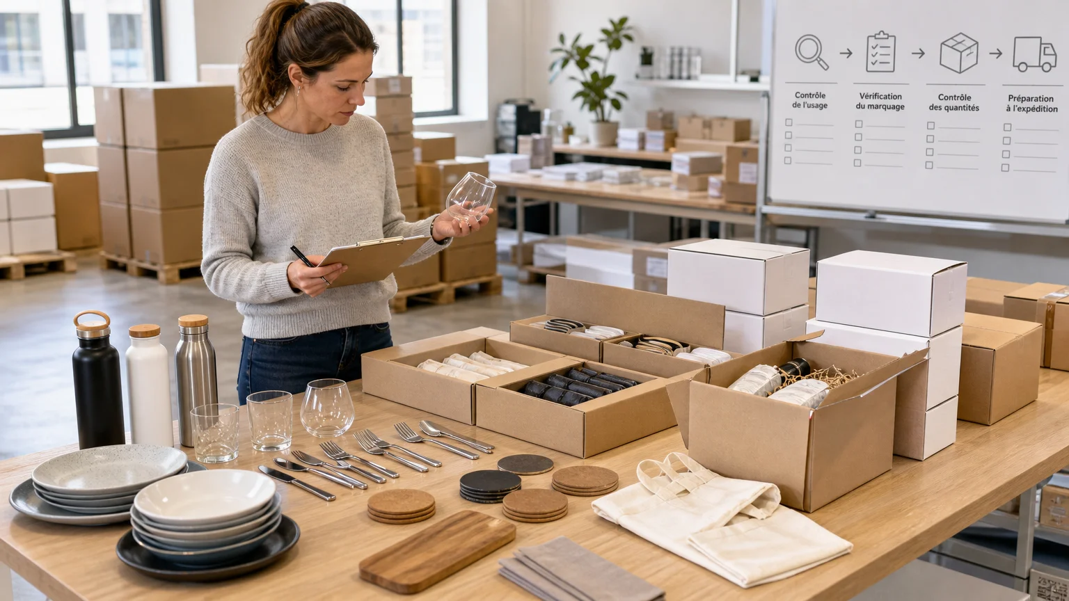 Contrôle et préparation de lots d’objets de table personnalisables pour un événement