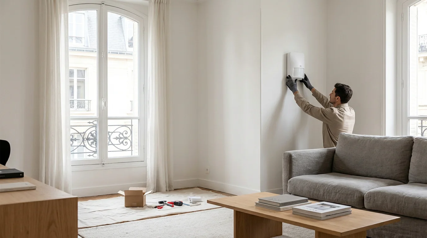 Installation d'un détecteur de mouvement sans fil dans un salon moderne