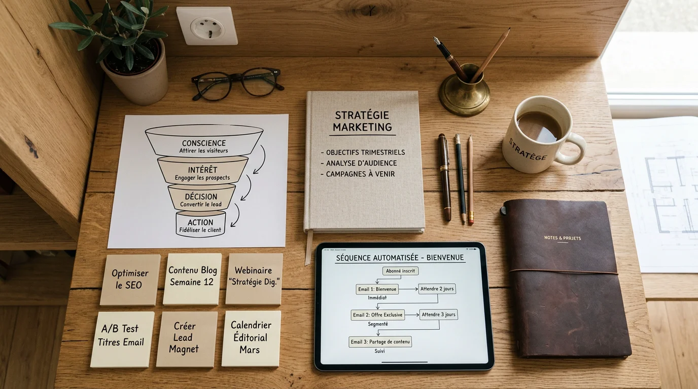 Étapes d'une stratégie de lead nurturing schématisées sur un bureau