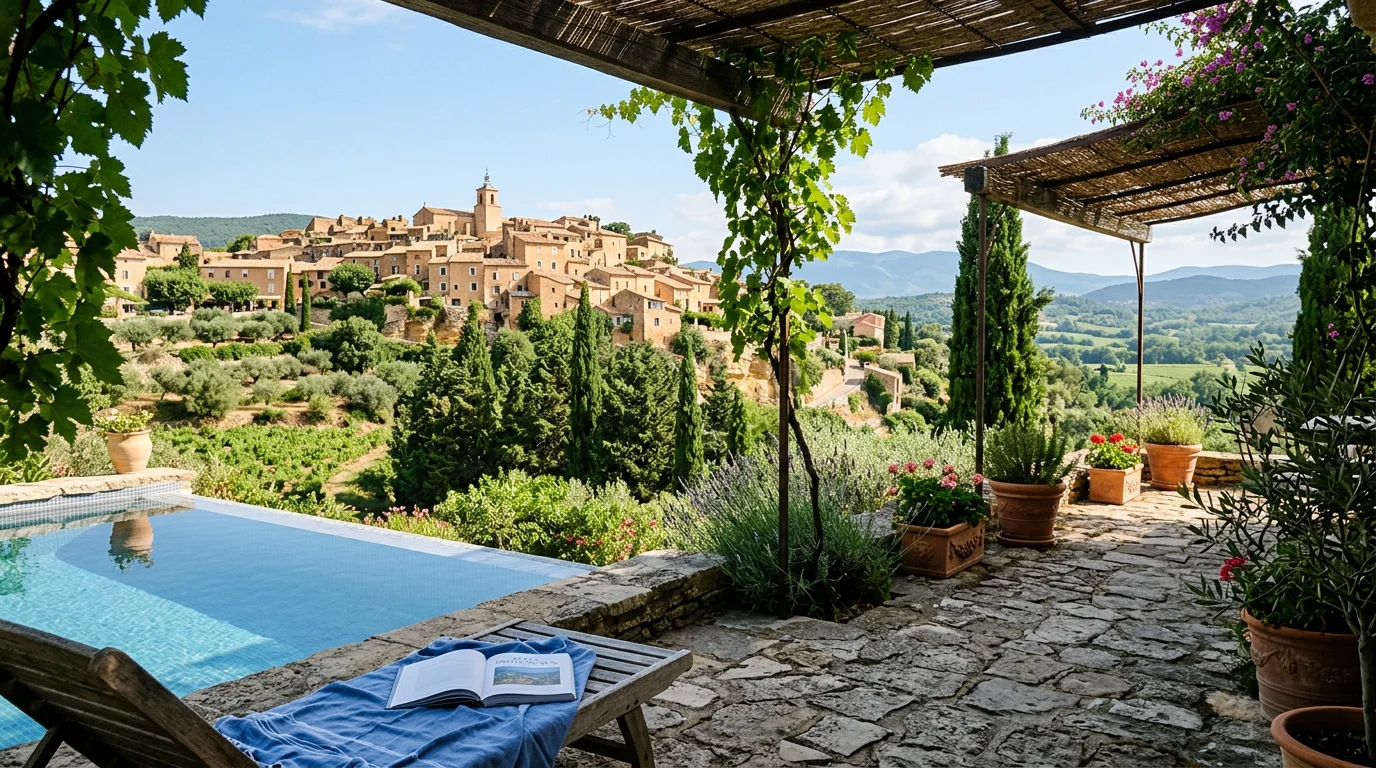 Village perché du Luberon vu depuis une terrasse ombragée avec piscine