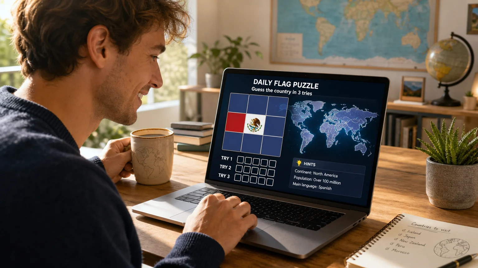 Person playing a daily country-guessing geography game on a laptop