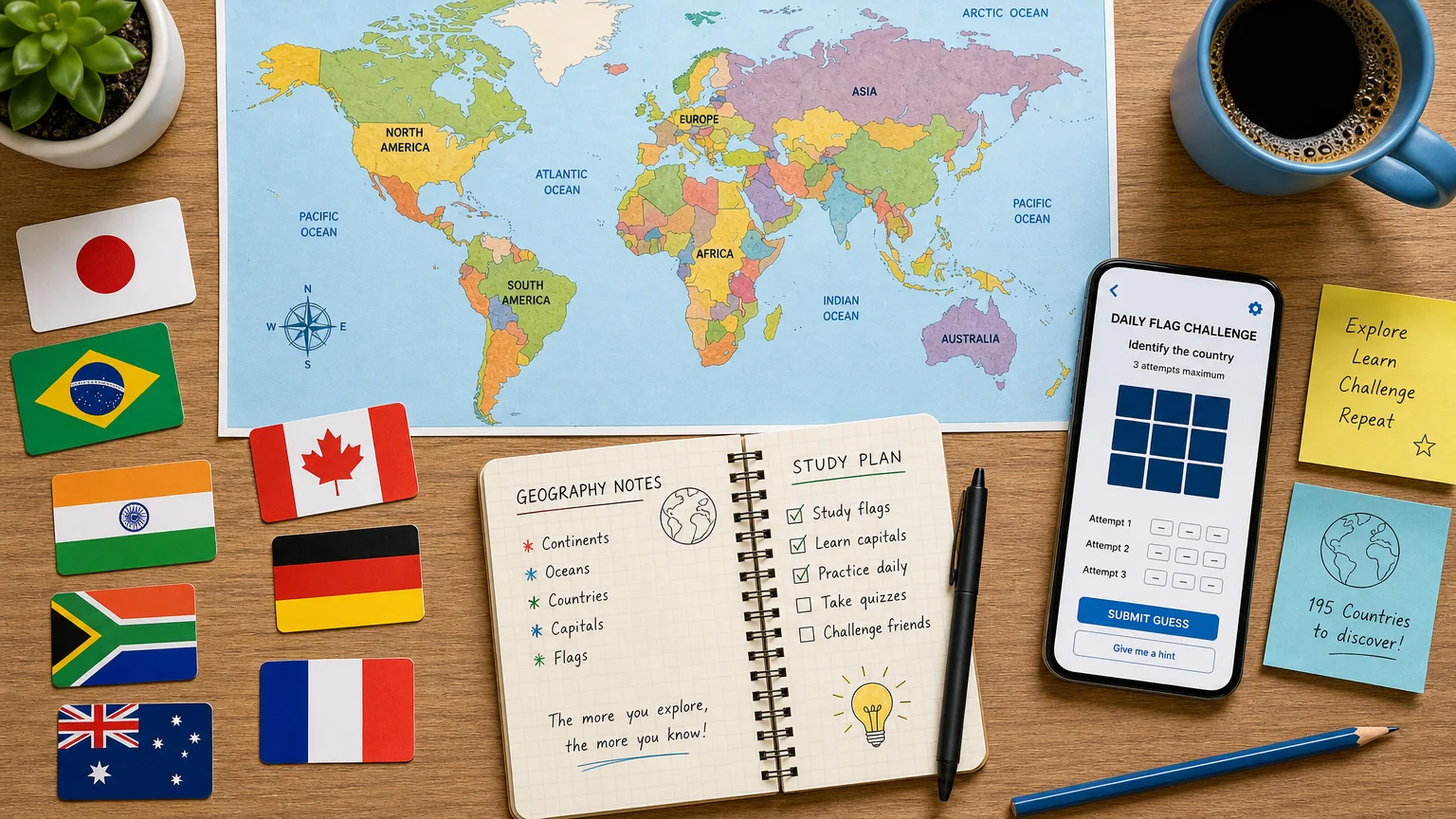 Flat lay of geography study tools with flags, a map and a quiz on a phone