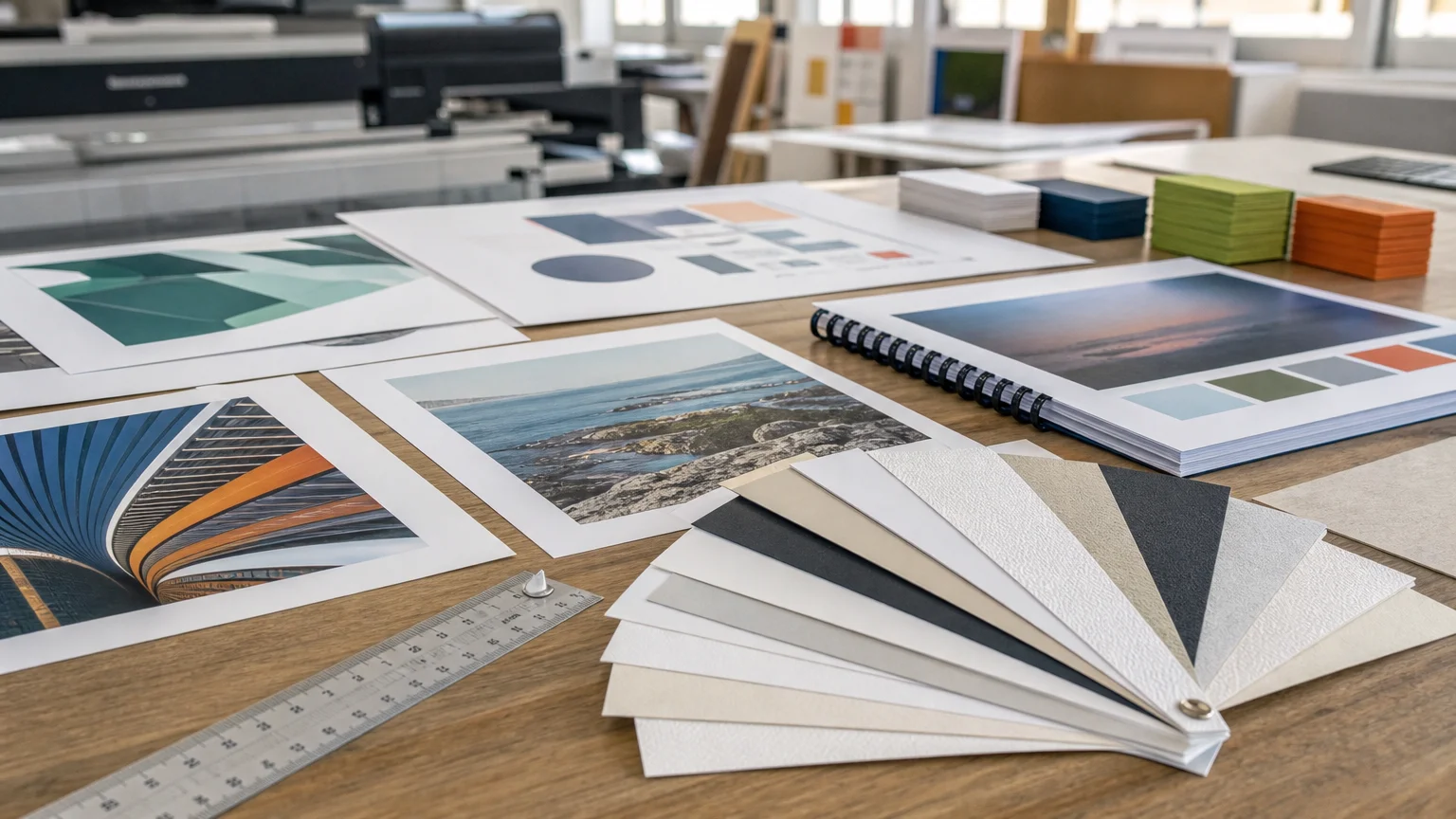 Échantillons de papiers et documents imprimés dans un atelier professionnel