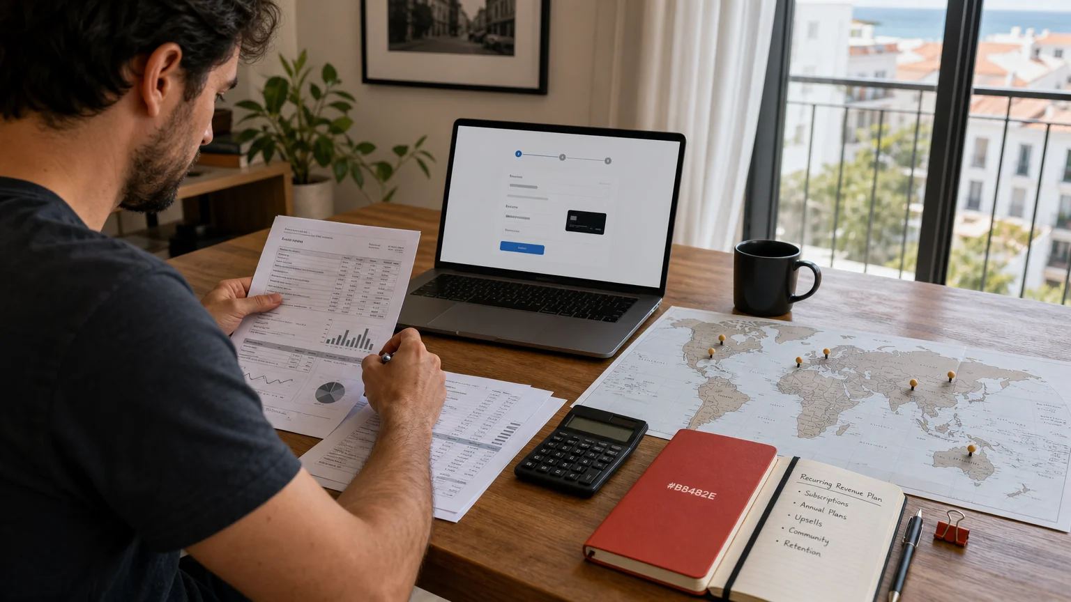 Remote startup founder reviewing payment costs and international customer revenue