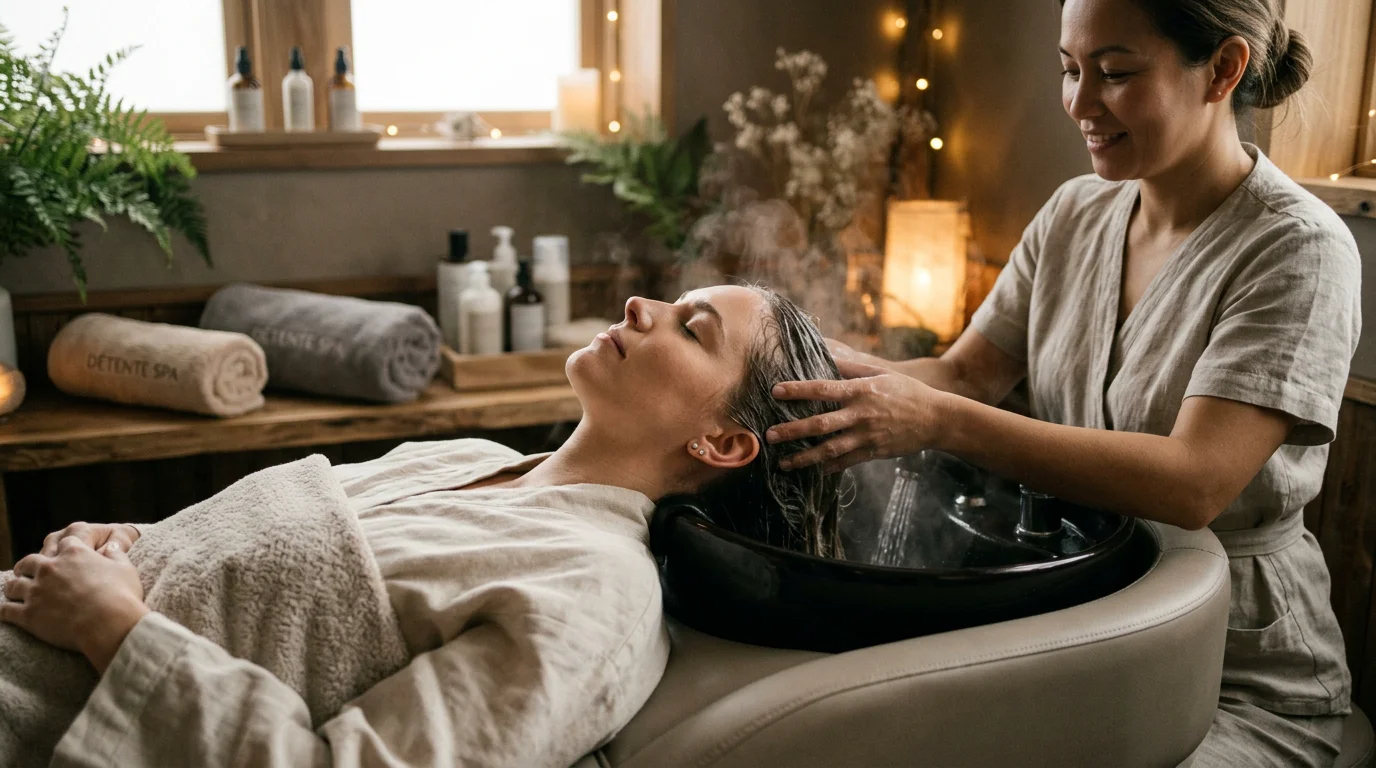 Séance de head spa relaxante avec massage du cuir chevelu dans une ambiance apaisante