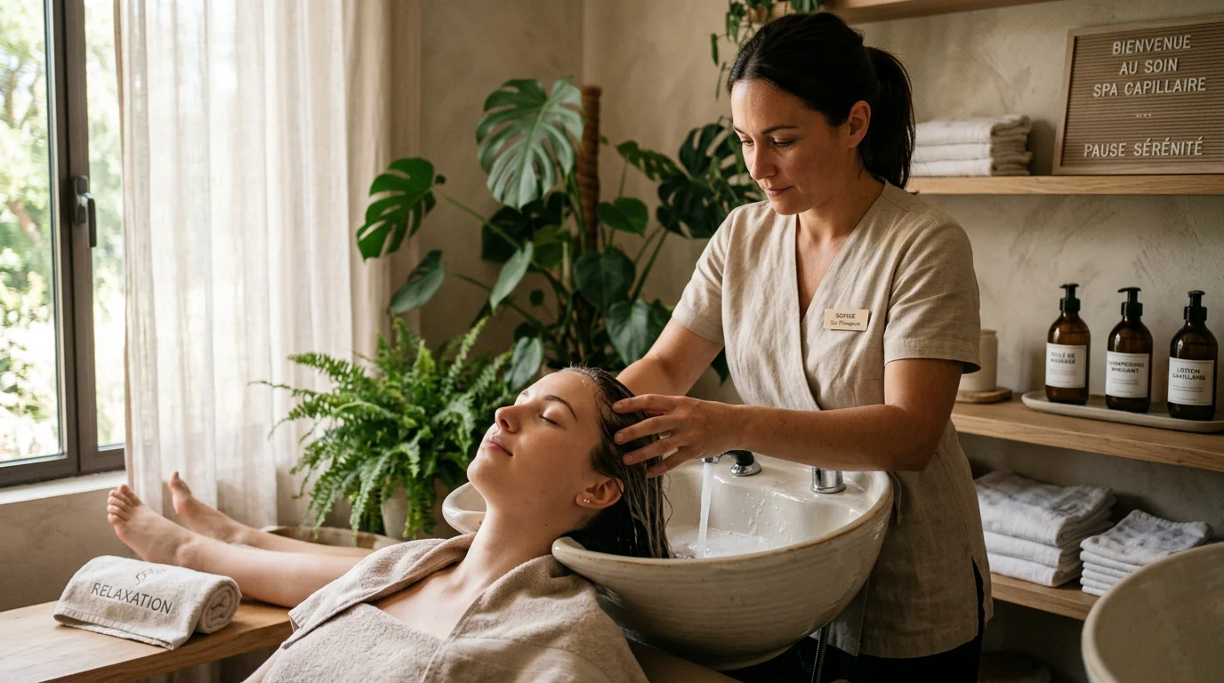 Praticienne réalisant un massage du cuir chevelu lors d'une séance de head spa
