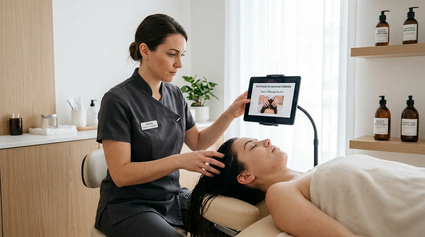 Professionnelle de la beauté se formant au head spa à l'aide d'une vidéo pédagogique