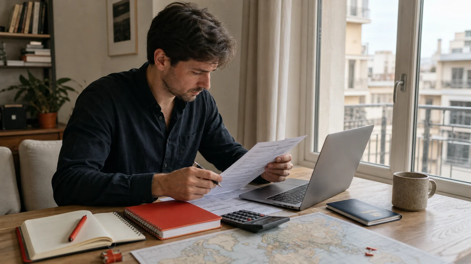 Online creator reviewing cross-border payment documents at a workspace