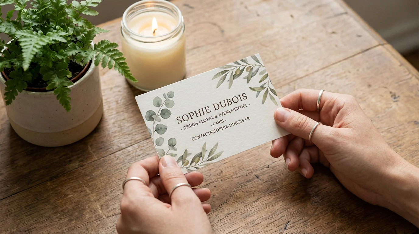 Mains tenant une carte de visite élégante de thérapeute holistique posée sur un bureau en bois