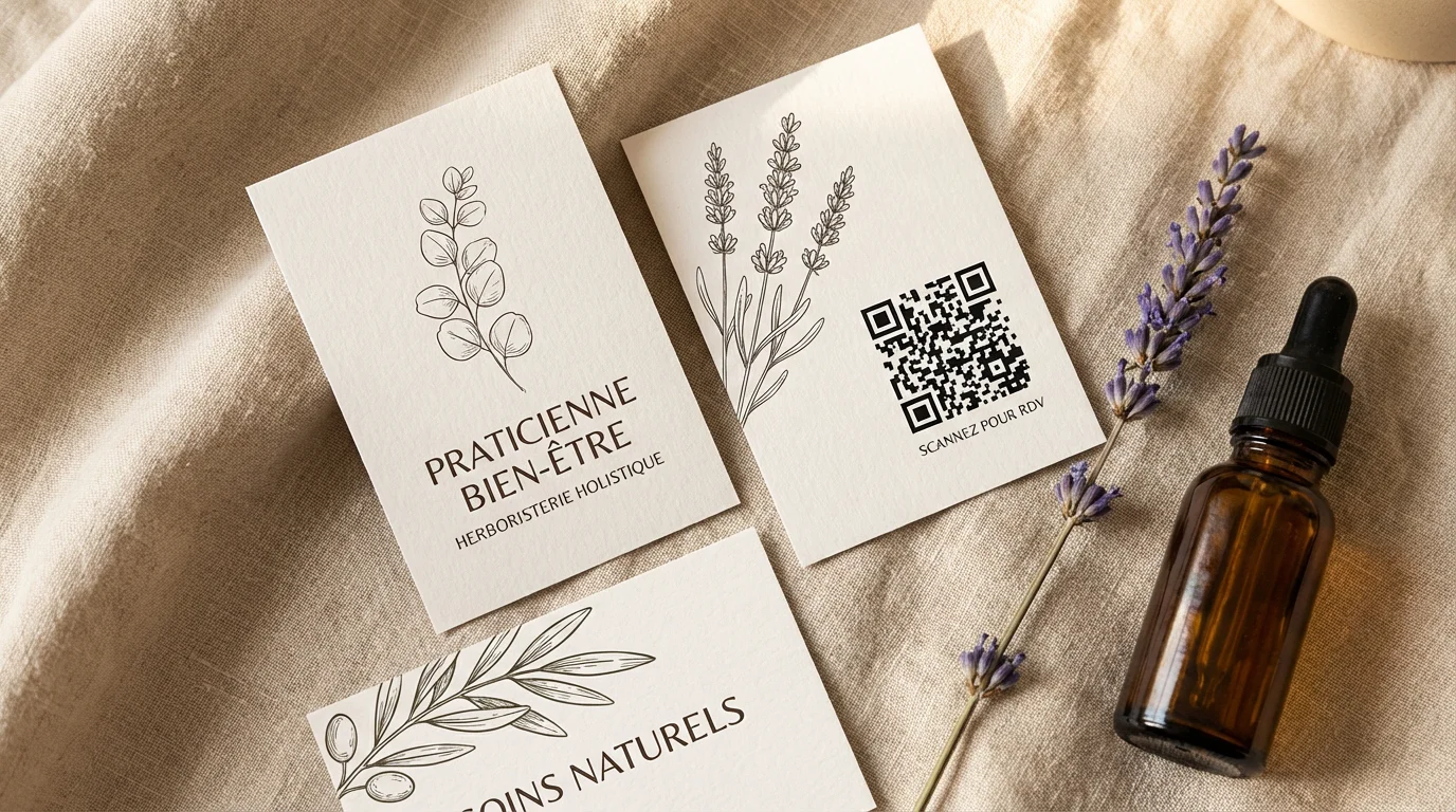 Mise en scène de cartes de visite tendance 2026 avec QR code et éléments naturels pour thérapeute