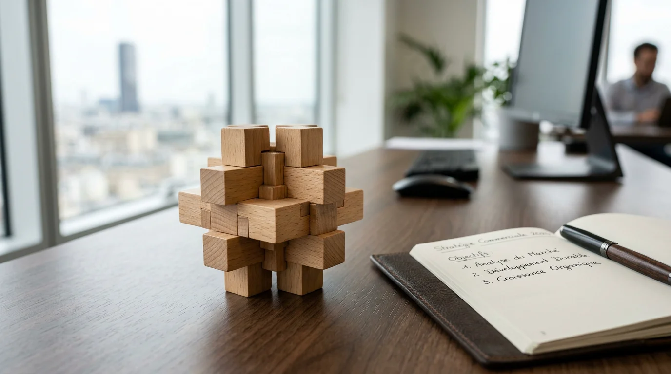Casse-tête publicitaire en bois personnalisé posé sur un bureau professionnel