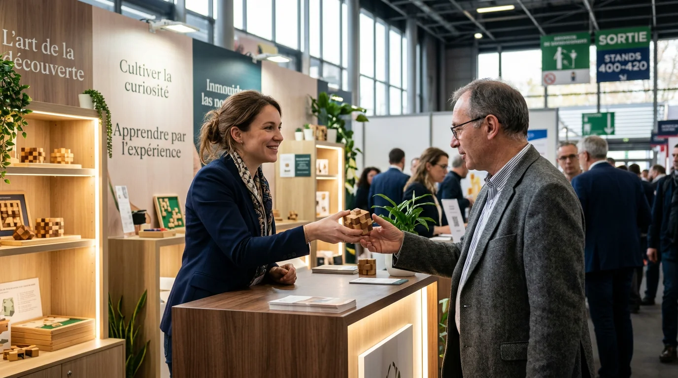 Distribution d'un casse-tête publicitaire sur un stand de salon professionnel