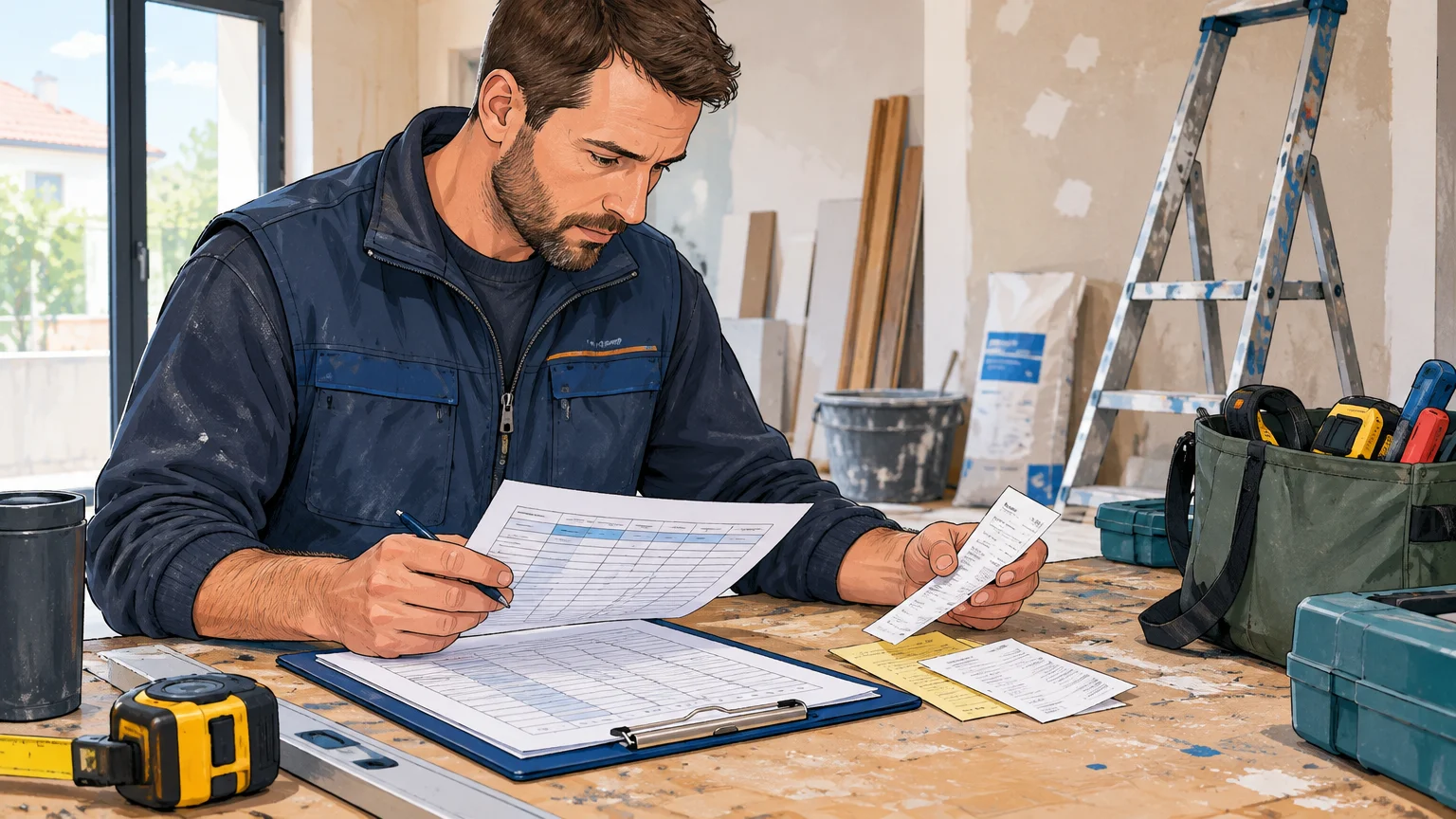 Un chef d’équipe relève les heures et les achats réels d’un chantier