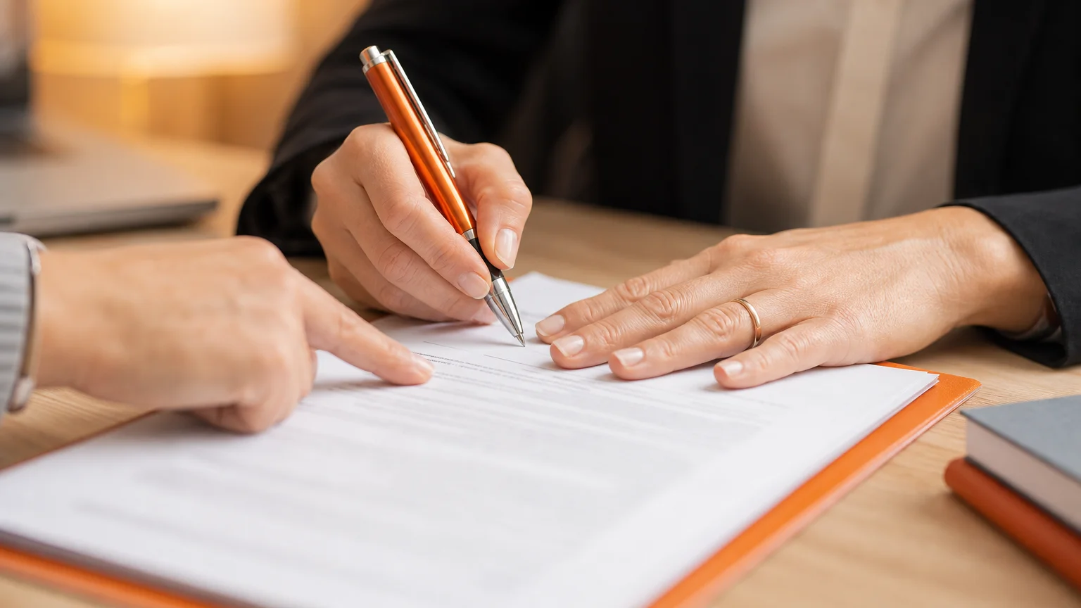 Gros plan sur des mains signant un document juridique sur un bureau clair aux tons chauds