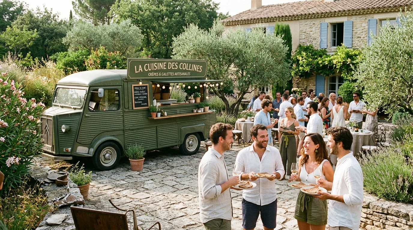 Food truck installé dans un jardin provençal lors d'un événement privé à Aix-en-Provence