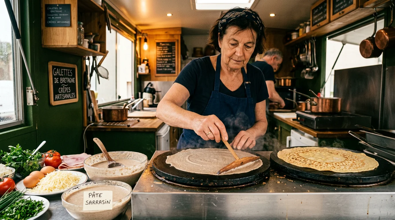 Préparation de galettes de sarrasin et crêpes à la minute dans un food truck d'événement