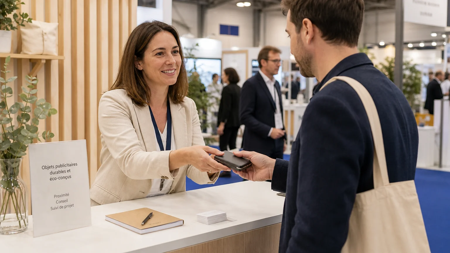 Remise d'une batterie externe personnalisée sur un stand de salon professionnel