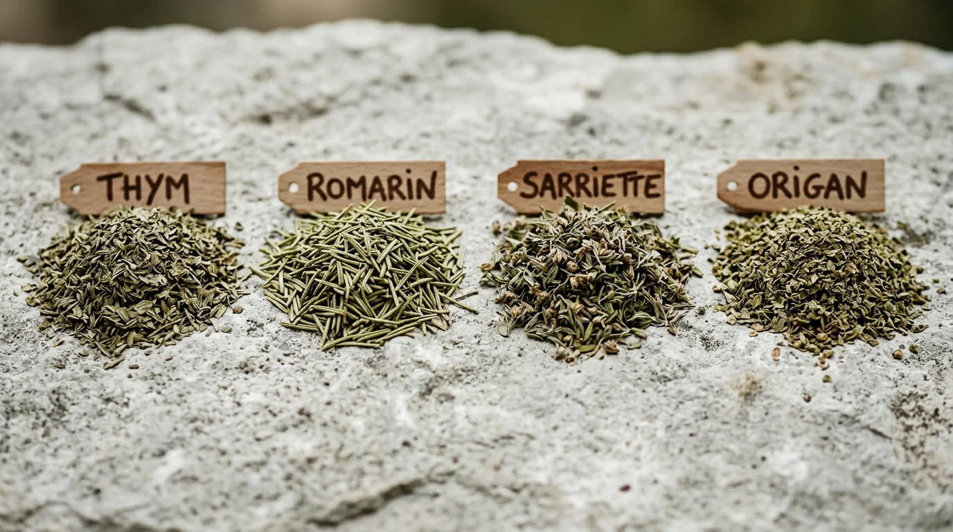 Les quatre herbes séchées composant le mélange provençal Label Rouge
