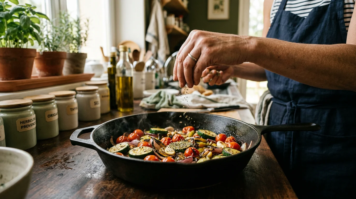 Un cuisinier assaisonne des légumes grillés avec un mélange d'herbes provençal