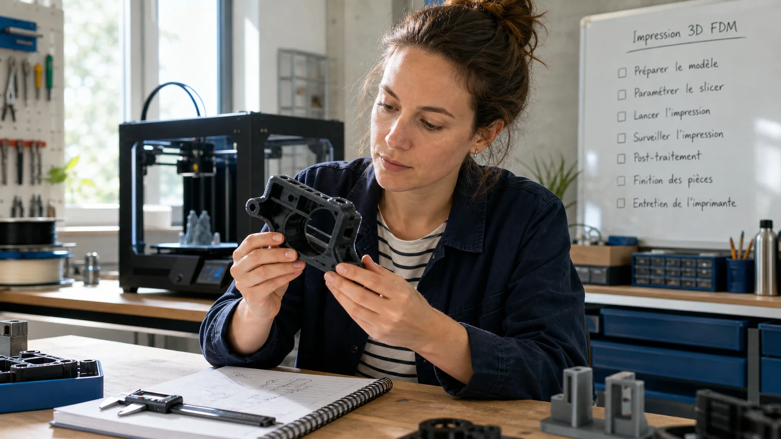 Ingénieure examinant une pièce plastique imprimée en 3D dans un atelier