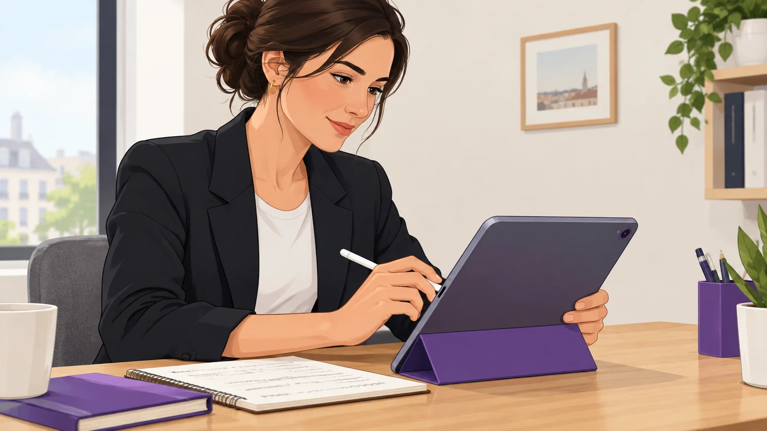 Responsable de conciergerie préparant un guide numérique personnalisé pour les voyageurs