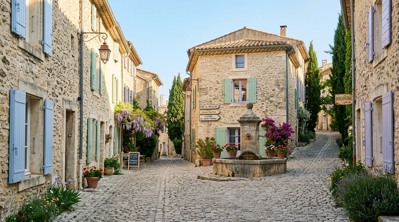 Ruelle provençale d'un village proche de Lagnes au lever du jour